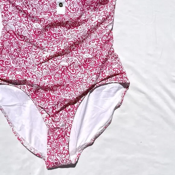 Lilly Pulitzer One Piece Halter Swimsuit Womens 14 Pink White Sea Animal Print - Picture 5 of 9